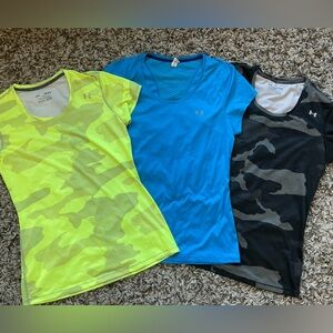 Under Armour Bundle Short Sleeve Heat Gear Shirt Neon Yellow, Blue, Black Camo M